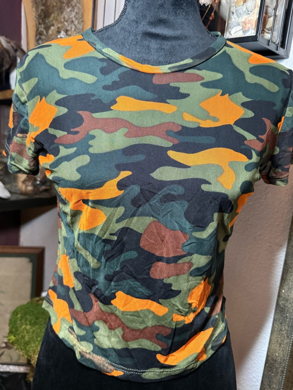 Just Polly •Size XL• Orange Woodland Camo Sheer Mesh Short Sleeve Crop Top